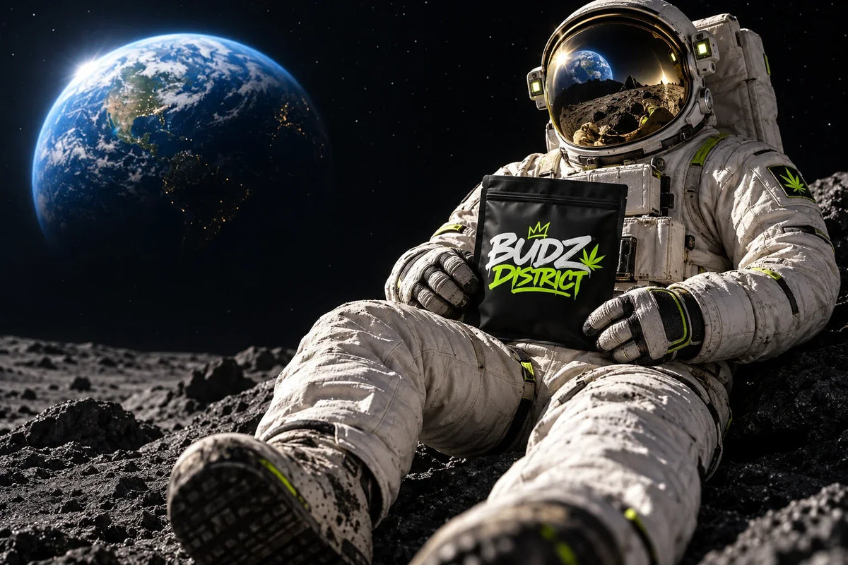 Astronauta de BUDZ DISTRICT en la Luna, con la Tierra al fondo